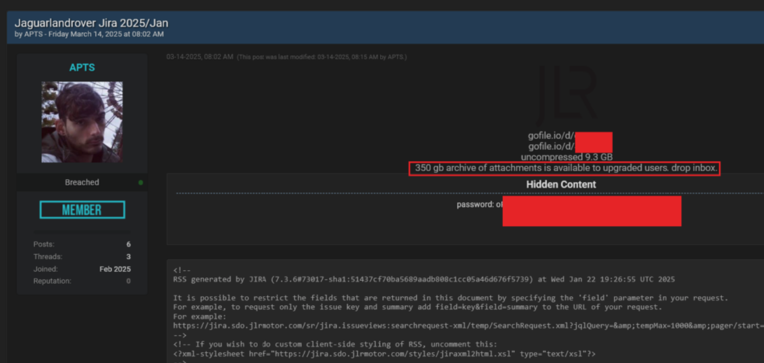 Snapshot of leaked JLR Data on dark web
